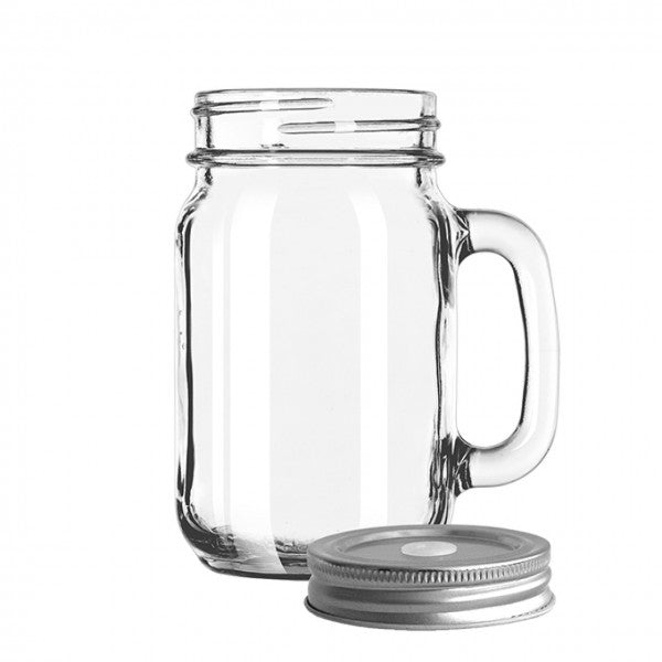 Drinking Jar with handle &amp; Silver lid with hole 473ml 24/box