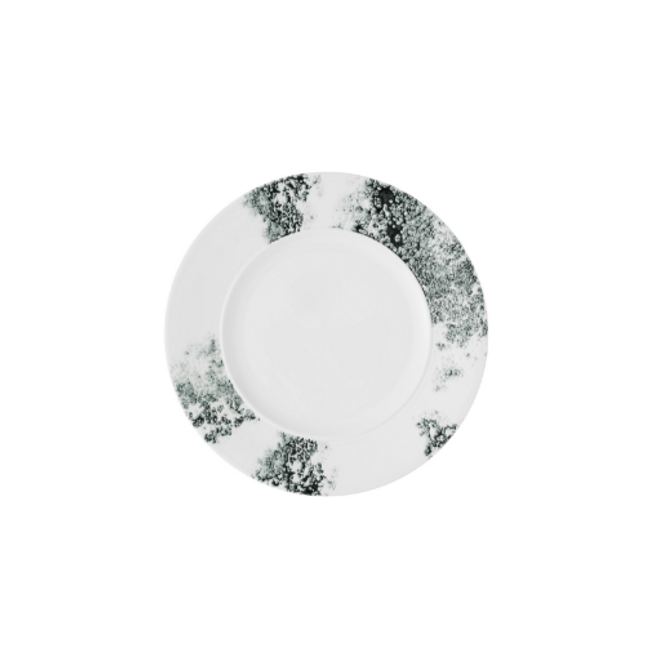 Ambience Smoke Black Standard Rim Plate van Churchill, 28 cm, set van 6. Elegant bord met een zwarte rand en een verfijnde, rokerige uitstraling, ideaal voor het serveren van hoofdgerechten. Duurzaam en stijlvol, perfect voor gebruik in de horeca.