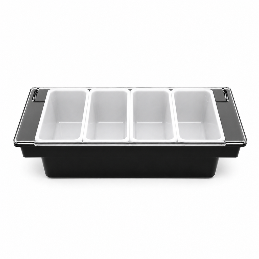 APS condimentenhouder zwart 4 vaks 36,5 x 15 cm – bakjeshouder voor bargarnituur in de cocktailbar