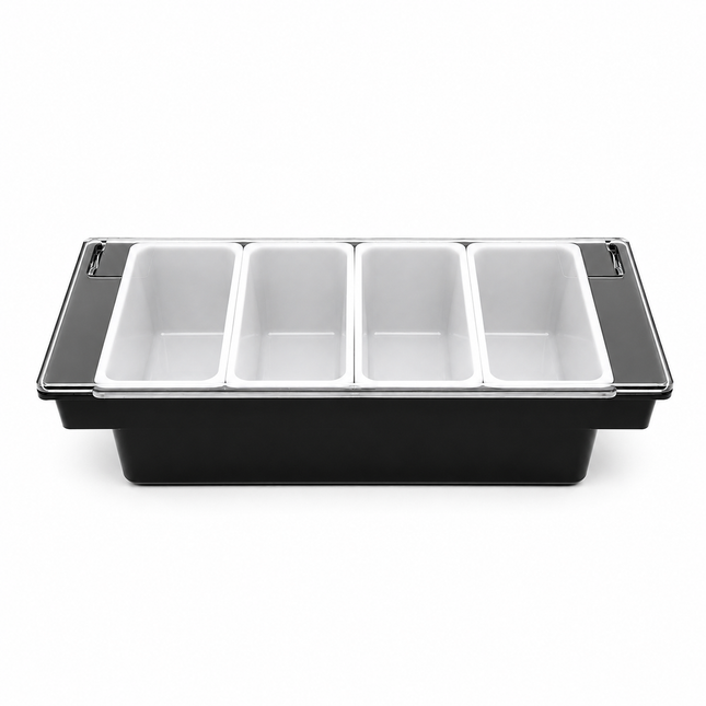 APS condimentenhouder zwart 4 vaks 36,5 x 15 cm – bakjeshouder voor bargarnituur in de cocktailbar