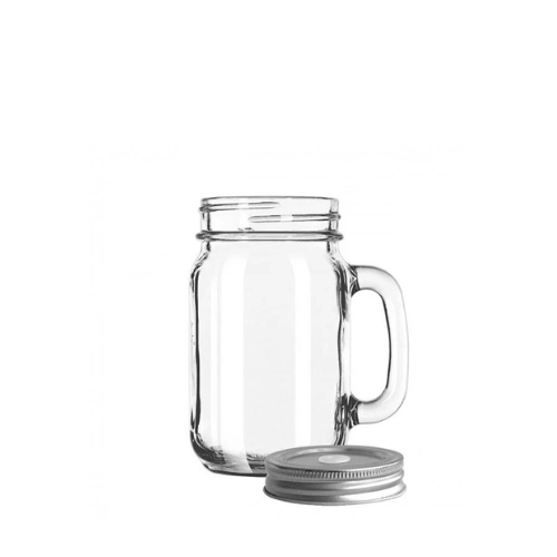 Drinking Jar with handle &amp; Silver lid with hole 473ml 24/box