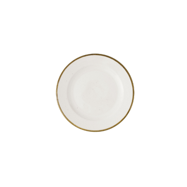 Stonecast Barley White Profile Plate van Churchill, 22,9 cm, set van 12. Handgemaakt bord in een zachte witte kleur met een subtiele textuur, ideaal voor het serveren van bijgerechten, salades of desserts. Duurzaam en stijlvol, perfect voor gebruik in de horeca.