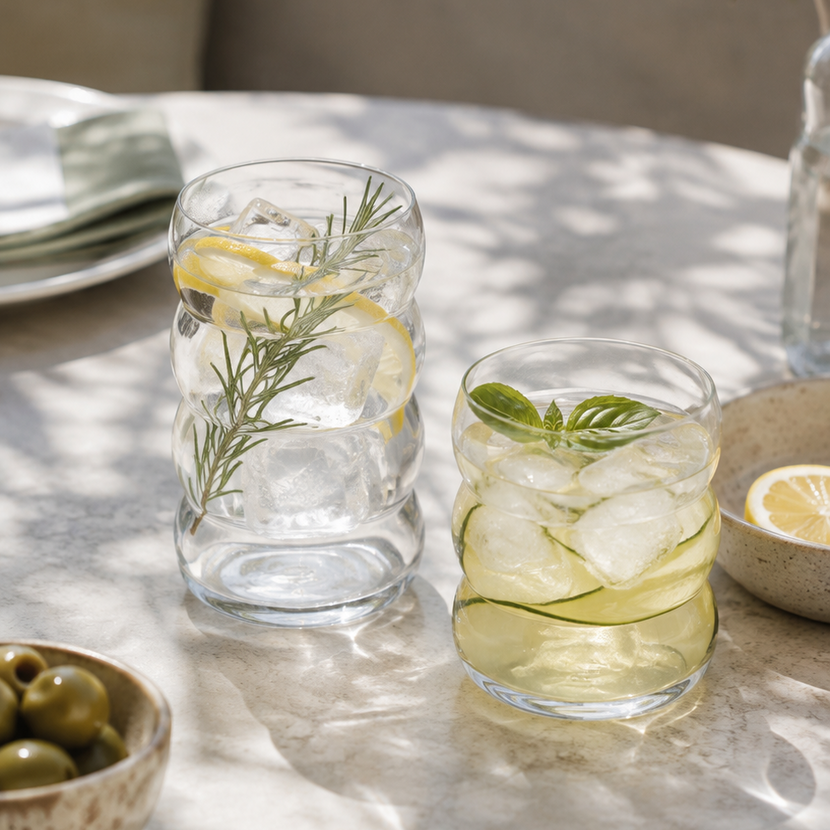 Royal Leerdam Wave Cooler 480 ml – sfeerbeeld van de Wave glasserie op een gedekte tafel