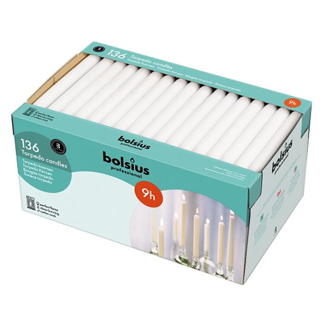Bolsius dinerkaarsen wit – doos met 136 rookvrije tafelkaarsen voor horeca – APS Glass & Bar Supply