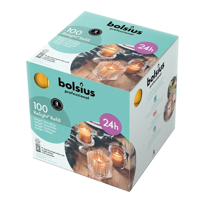 Bolsius ReLight navullingen amber – doos met 100 sfeervolle kaarsen voor horeca – APS Glass & Bar Supply