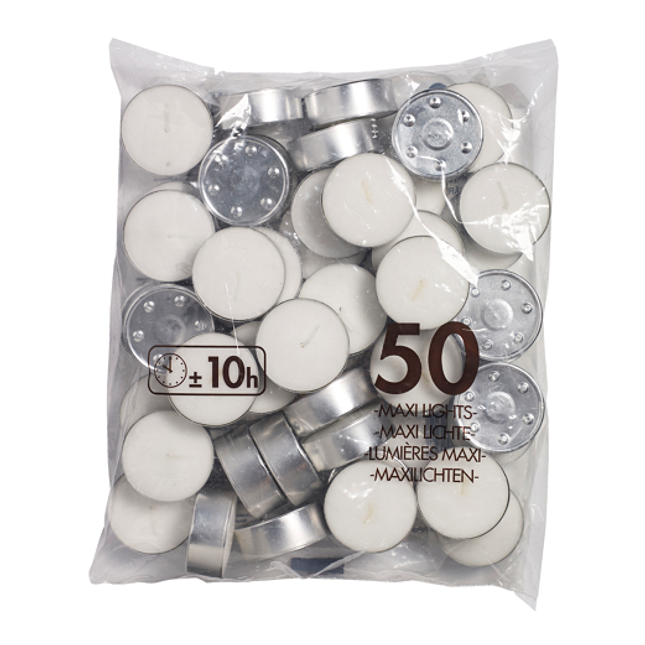 Maxi tea light, Burning time 10 hours, White, bag 50, 6/box