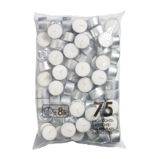 Tea light, Burning time 8 hours, White, bag 75, 6/box