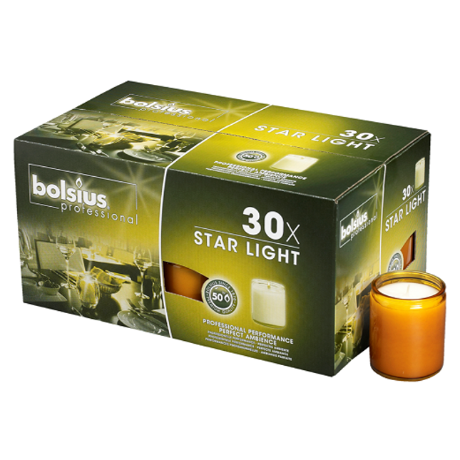 Star Light glass, Burning time 50 hours, Amber, box of 30