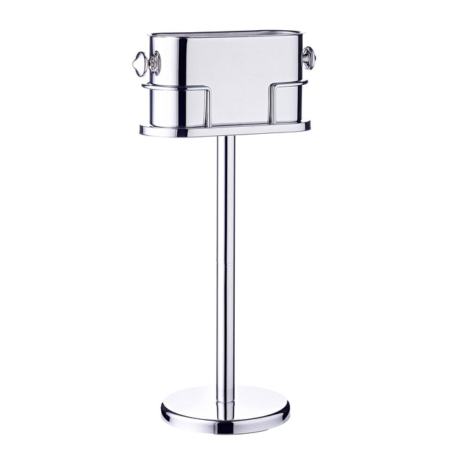 Een APS wijnkoeler op een 79 cm hoge standaard, elegant geplaatst naast een gedekte tafel met een gekoelde fles wijn.